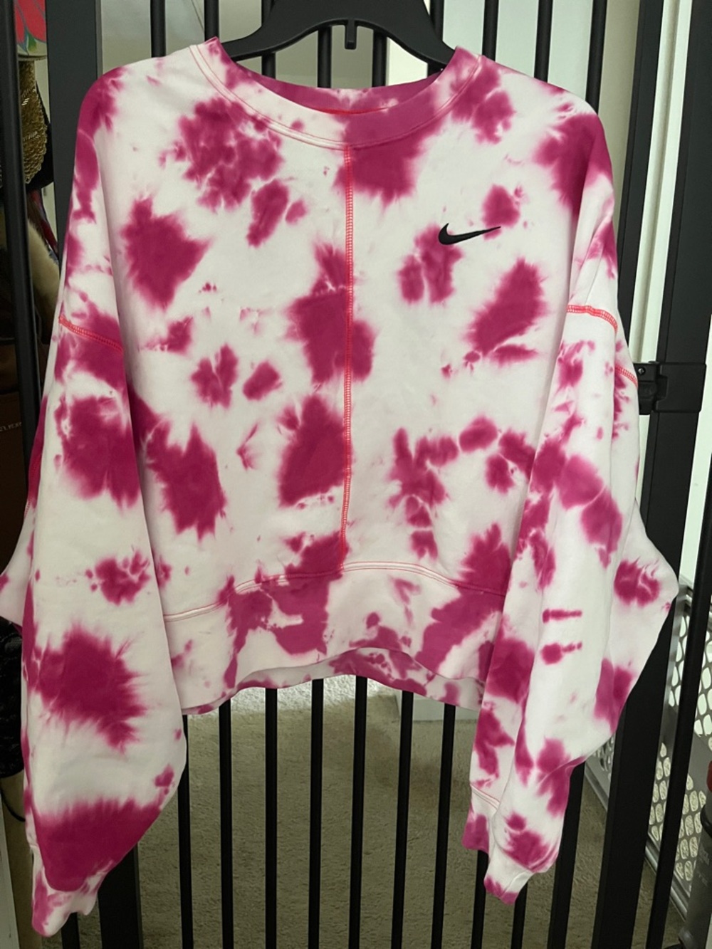 Nike White and Pink Tie-Dye Cropped Crewneck Sweatshirt